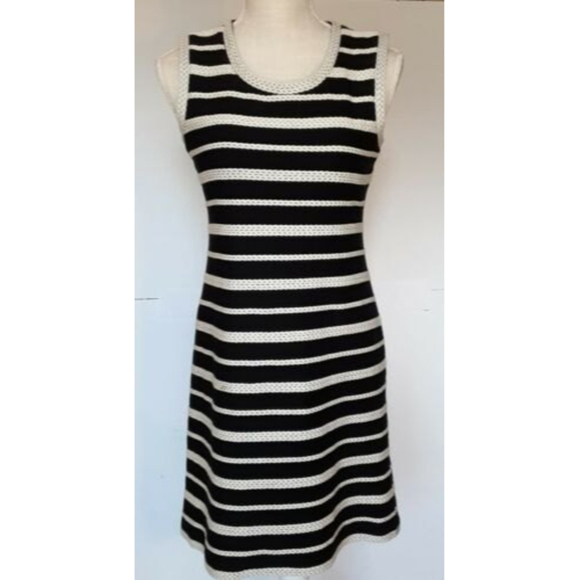 Max Studios Women's Size Small Dress Knee Length Black w/Cream Chain Stitching - Picture 1 of 5